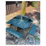 WOOD PICNIC TABLE W/ ATTACHED BENCHES, UMBRELLA