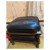 VTG FOOTSTOOL, DARK STAINED WOOD FRAME, TURNED