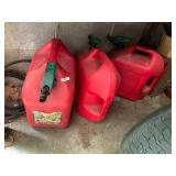 PLASTIC GASOLINE CANS, RED, W/ SPOUTS.