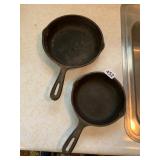 CAST IRON SKILLETS, SPOUTED, LONG HANDLES W/