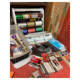 PLASTIC STORAGE BIN W/ SEWING AND CRAFT TOOLS,