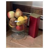 GLASS PEDESTAL BOWL, ARTIFICIAL FRUIT, RED METAL