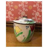 VTG POTTERY JAR W/ LID, CREAM GLAZE, HAND-PAINTED