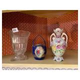 PRESSED GLASS VASE, COBALT BLUE PORCELAIN BASKET,