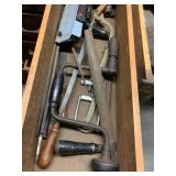 BRACE AND BIT, HACKSAW, METAL FILES, SQUARES,