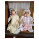 VTG PORCELAIN DOLLS, LACE BONNETS, WHITE GOWNS,