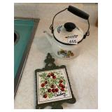 ENAMEL TEA KETTLE, WHITE W/ FRUIT MOTIF, BLACK