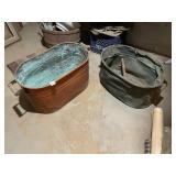 COPPER WASH TUB W/ WOOD HANDLES, GALVANIZED METAL