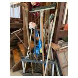 ASSORTED GARDEN TOOLS, RAKES, HOES, MOPS, PLASTIC