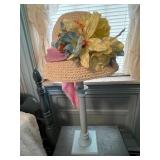 TABLE LAMP, STRAW HAT SHADE W/ FLORAL DECORATION,