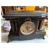 VTG MANTEL CLOCK, BLACK FINISH, BRASS ACCENTS,