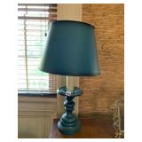 TABLE LAMP, TURNED WOOD BASE, TEAL DISTRESSED