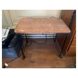 WICKER TOP SIDE TABLE, WROUGHT IRON BASE,