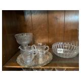 PRESSED GLASS CREAMER, SUGAR BOWL, FOOTED