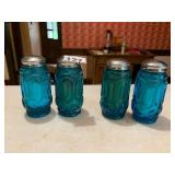 VTG PRESSED GLASS SALT AND PEPPER SHAKERS, BLUE,