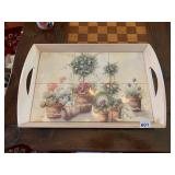 WOOD SERVING TRAY, TILE INSET, FLORAL POTTED