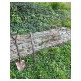 GARDEN TOOLS, INCLUDES RAKE, SHOVELS, PICKAXE,