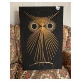VTG STRING ART, OWL MOTIF, GOLD THREAD ON BLACK