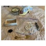 VTG CERAMIC SHOE PIN CUSHION, GLASS TRINKET BOX,