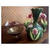 MAJOLICA-STYLE IRIS VASE, GREEN GLAZE, RELIEF