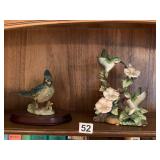 PORCELAIN BIRD FIGURINES, BLUE JAY ON WOOD BASE,