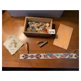VTG BEADED BELT, EMBROIDERED HANDKERCHIEF, WOOD