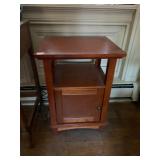 WOOD SIDE TABLE, OPEN SHELF, LOWER CABINET, DARK