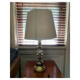 BRASS TABLE LAMP, COLUMNAR FORM, LINEN SHADE.