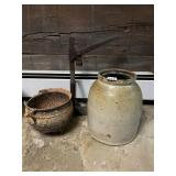 VTG STONEWARE CROCK, CAST IRON FOOTED CAULDRON,