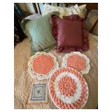 ASSORTED TEXTILES, CROCHETED DOILIES, EMBROIDERED