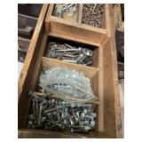 WOODEN DRAWER DIVIDER, ASSORTED BOLTS, SCREWS,