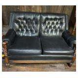 LOVESEAT, BLACK FAUX LEATHER, TUFTED BACK, TURNED