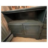 PR OF PAINTED BLUE CABINETS, LOUVERED DOORS, OPEN
