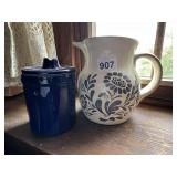 STONEWARE PITCHER W/ BLUE FLORAL MOTIF, COBALT
