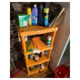 ORANGE PLASTIC SHELVING UNIT, ASSORTED HOUSEHOLD