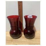 RUBY RED GLASS VASES, BULBOUS BASE, FLARED RIM,