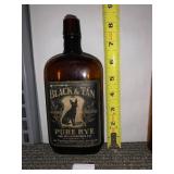 AMBER GLASS WHISKEY BOTTLE, BLACK & TAN PURE RYE,