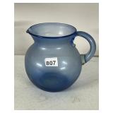 ART GLASS PITCHER, BLUE GLASS, APPLIED HANDLE,