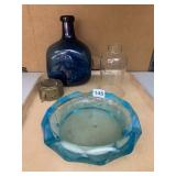 COBALT BLUE GLASS BOTTLE, CLEAR GLASS HURRICANE