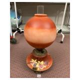 OIL LAMP, HAND-PAINTED ORCHID MOTIF, SATIN GLASS