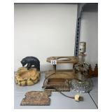 CAST RESIN BEAR ASHTRAY, WOODEN STOOL, WOODEN