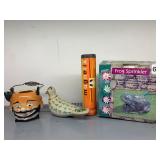 CERAMIC CLOWN STOOL, PAINTED BIRD FIGURINE,