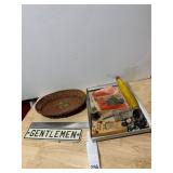 WICKER BASKET W/ PAINTED WOOD BASE, GENTLEMEN