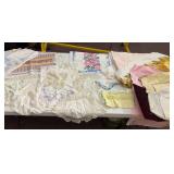 ASSORTED LINENS, EMBROIDERED TABLECLOTHS,