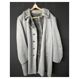 GRAY OVERCOAT, FAUX FUR LINING, FAUX FUR COLLAR,