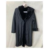 CALVIN KLEIN BLACK COAT, FAUX FUR TRIM, HOODED,