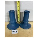 BLUE STONEWARE CANDLESTICKS, SPECKLED GLAZE,