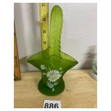 SATIN GLASS BASKET, GREEN FROSTED FINISH,