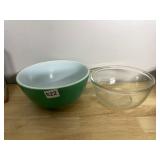 PYREX MIXING BOWL, GREEN MILK GLASS, CLEAR GLASS