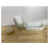 DYNAWARE PYR-O-REY MILK GLASS BAKEWARE, FLORAL
